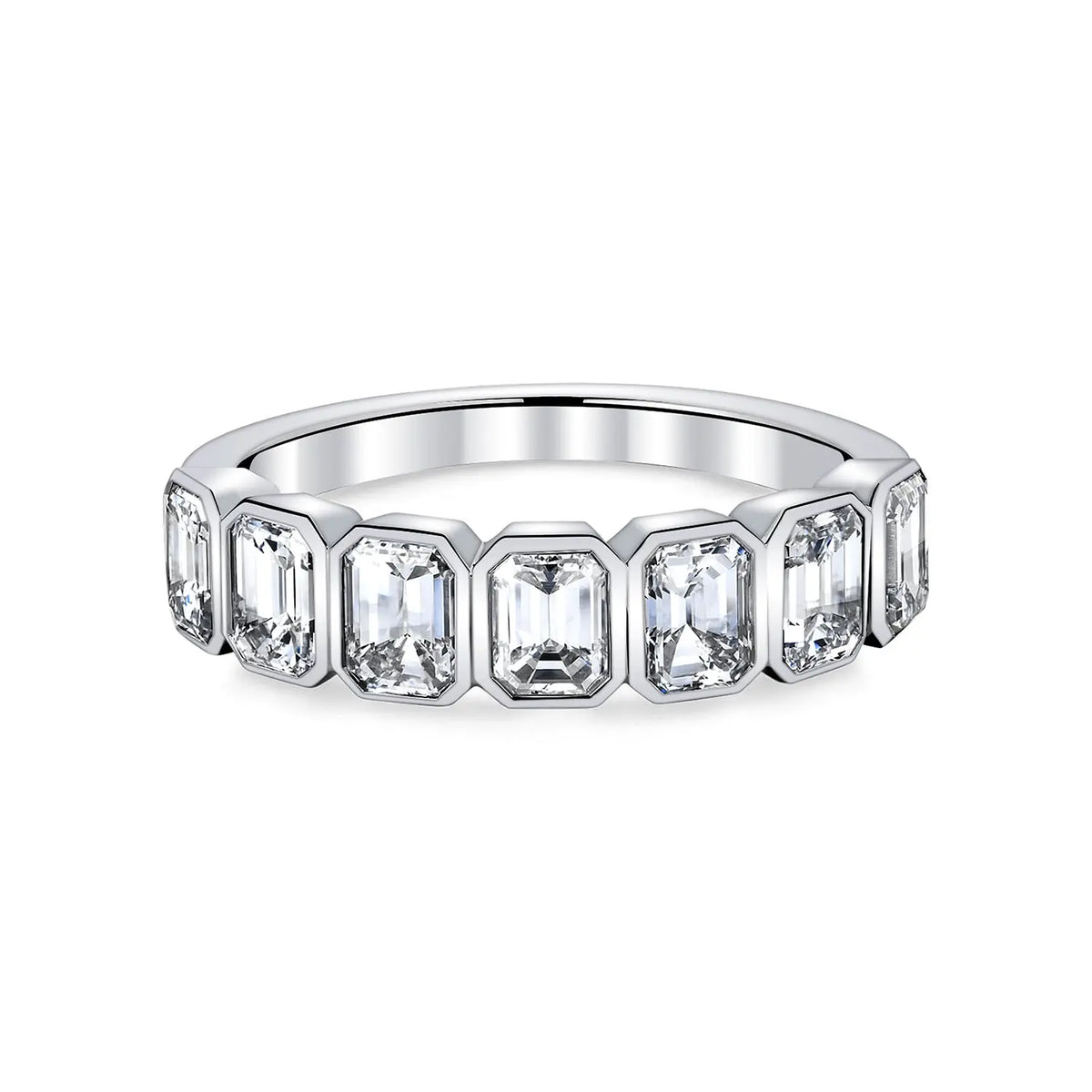 18K White Gold Seven Stone Emerald-Cut Diamond Bezel-Set Eternity Band, 2.3ct G-H, VS