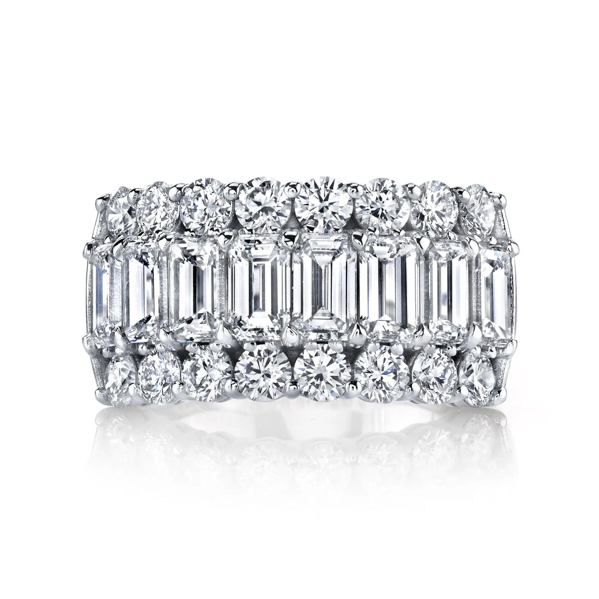 18K White Gold Three Row Shared Prong Round and Emerald Partway Band, 3.15ct GH, SI1-SI2