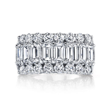 18K White Gold Three Row Shared Prong Round and Emerald Partway Band, 3.15ct GH, SI1-SI2