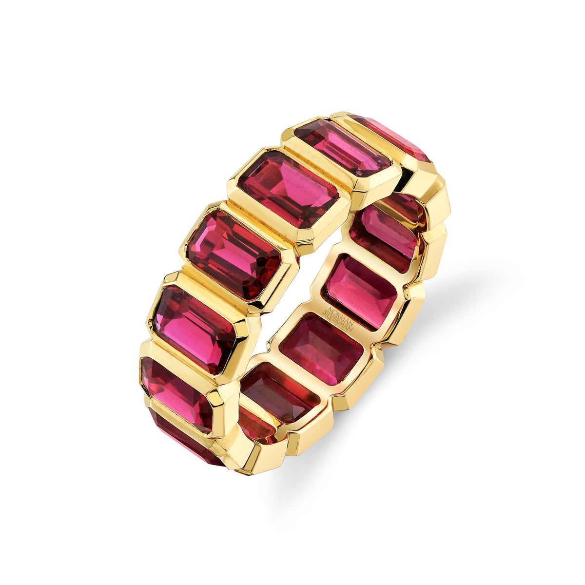 Norman Silverman 18K Yellow Gold Emerald Cut Ruby Bezel Eternity Band Sz 6.5 13Ru=7.40 - F21274