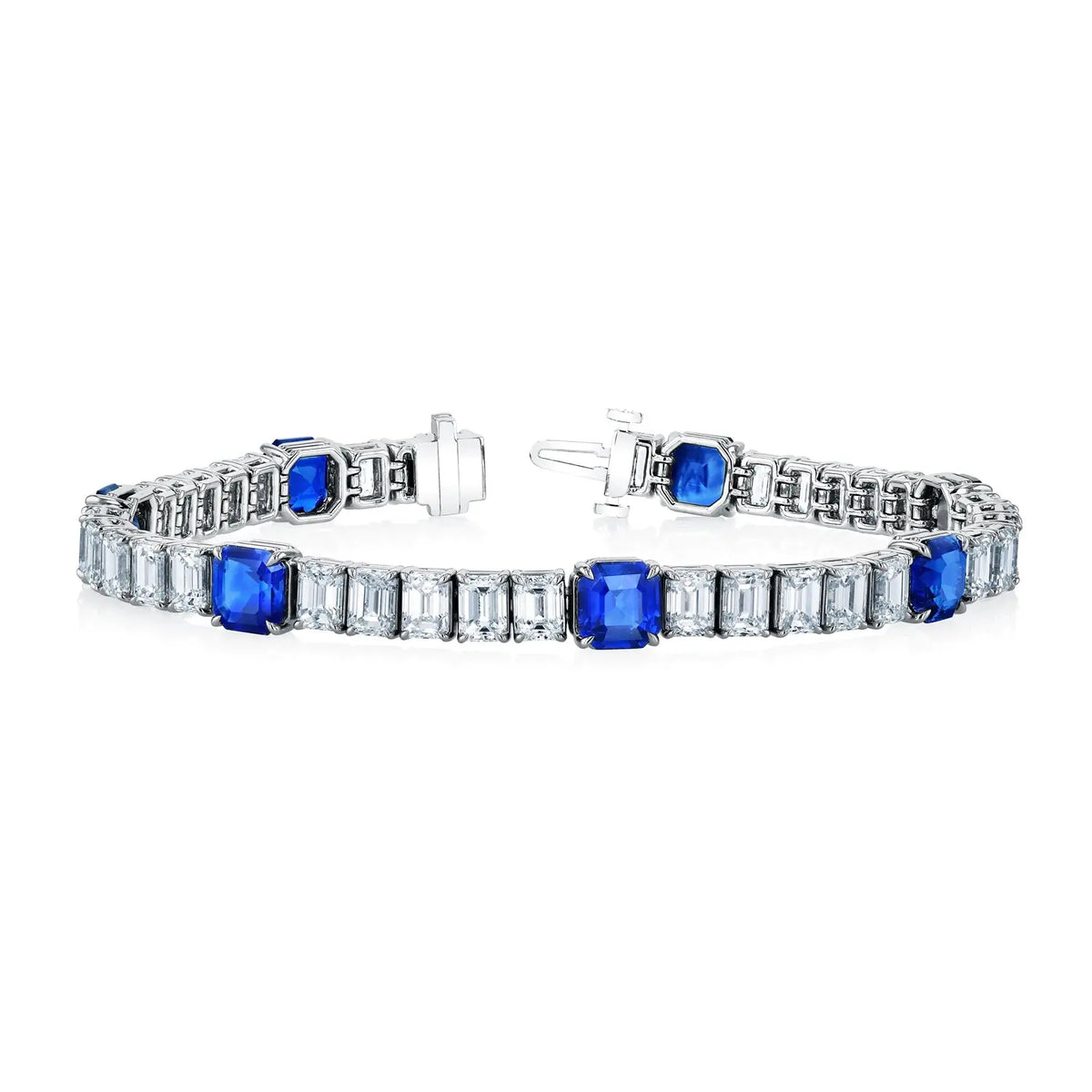 Platinum 7" North South Emerald-Cut Diamond and Cushion-Cut Sapphire Tennis Braclet, 13.05 G-H, VS