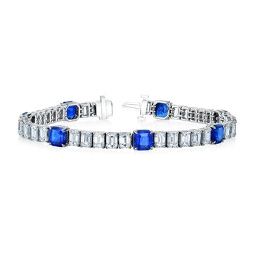 Platinum 7" North South Emerald-Cut Diamond and Cushion-Cut Sapphire Tennis Braclet, 13.05 G-H, VS