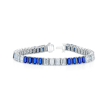 Platinum 7" North South Emerald-Cut Diamond and Cushion-Cut Sapphire Tennis Braclet, 17.2 G-H, VS
