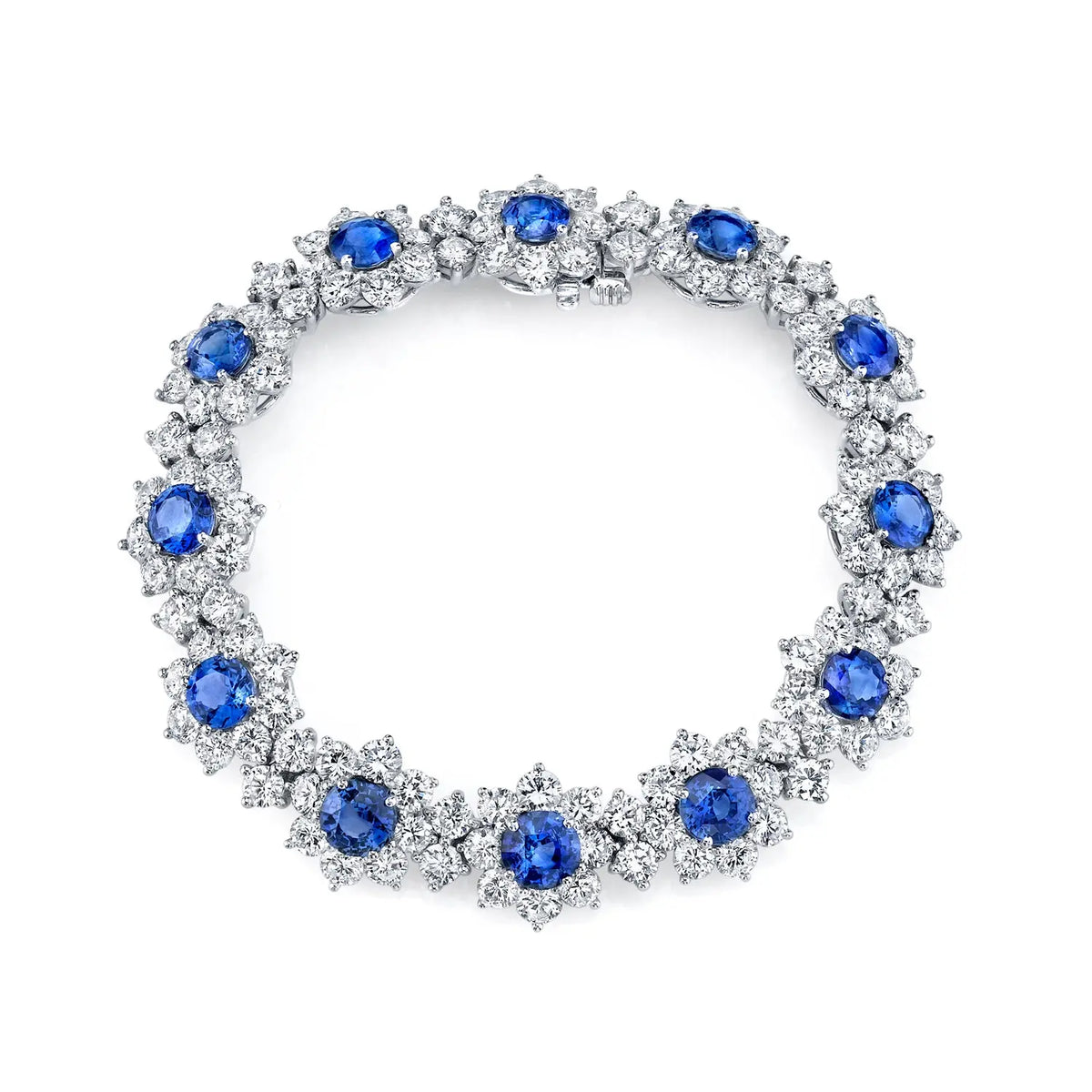 18K White Gold 7" North South Emerald-Cut Diamond and Cushion-Cut Sapphire Tennis Braclet, 20.15 G-H, SI1-SI2