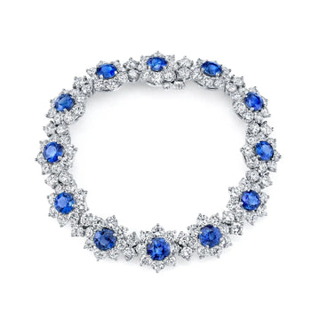 18K White Gold 7" North South Emerald-Cut Diamond and Cushion-Cut Sapphire Tennis Braclet, 20.15 G-H, SI1-SI2
