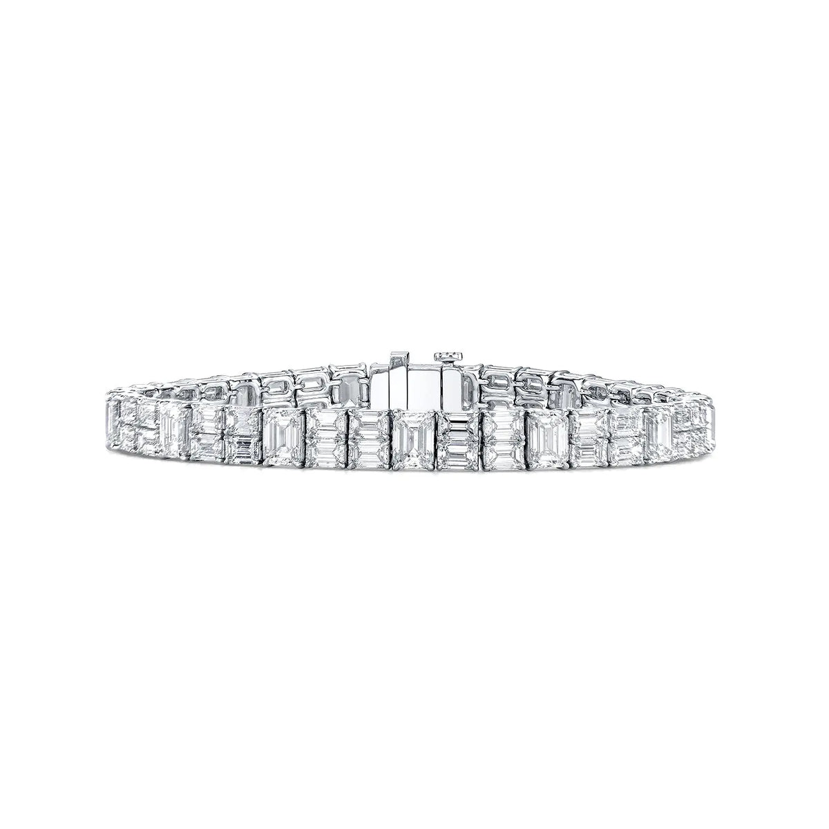 Platinum 7"Emerald-Cut Diamond Bracelet with Alternating Single and Double Rows, 18.2ct G-H, VS