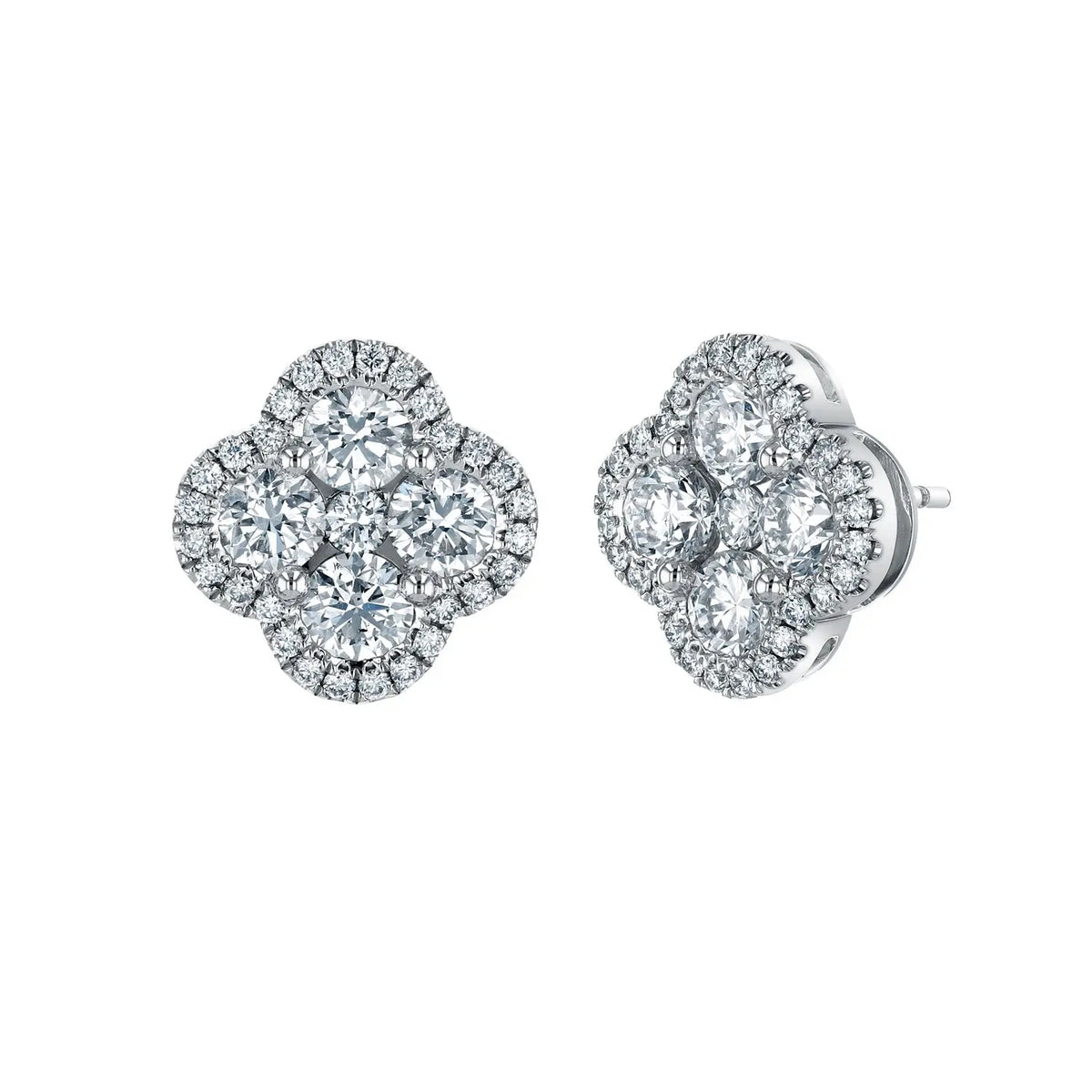 18K White Gold Round Diamond Clover-Shaped Halo Stud Earrings, 1.9ct G-H, SI1-SI2