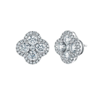 18K White Gold Round Diamond Clover-Shaped Halo Stud Earrings, 1.9ct G-H, SI1-SI2 thumbnail