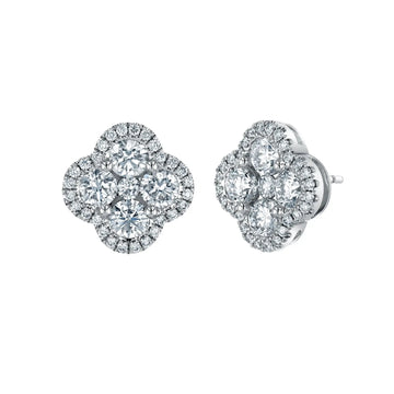 18K White Gold Round Diamond Clover-Shaped Halo Stud Earrings, 1.9ct G-H, SI1-SI2