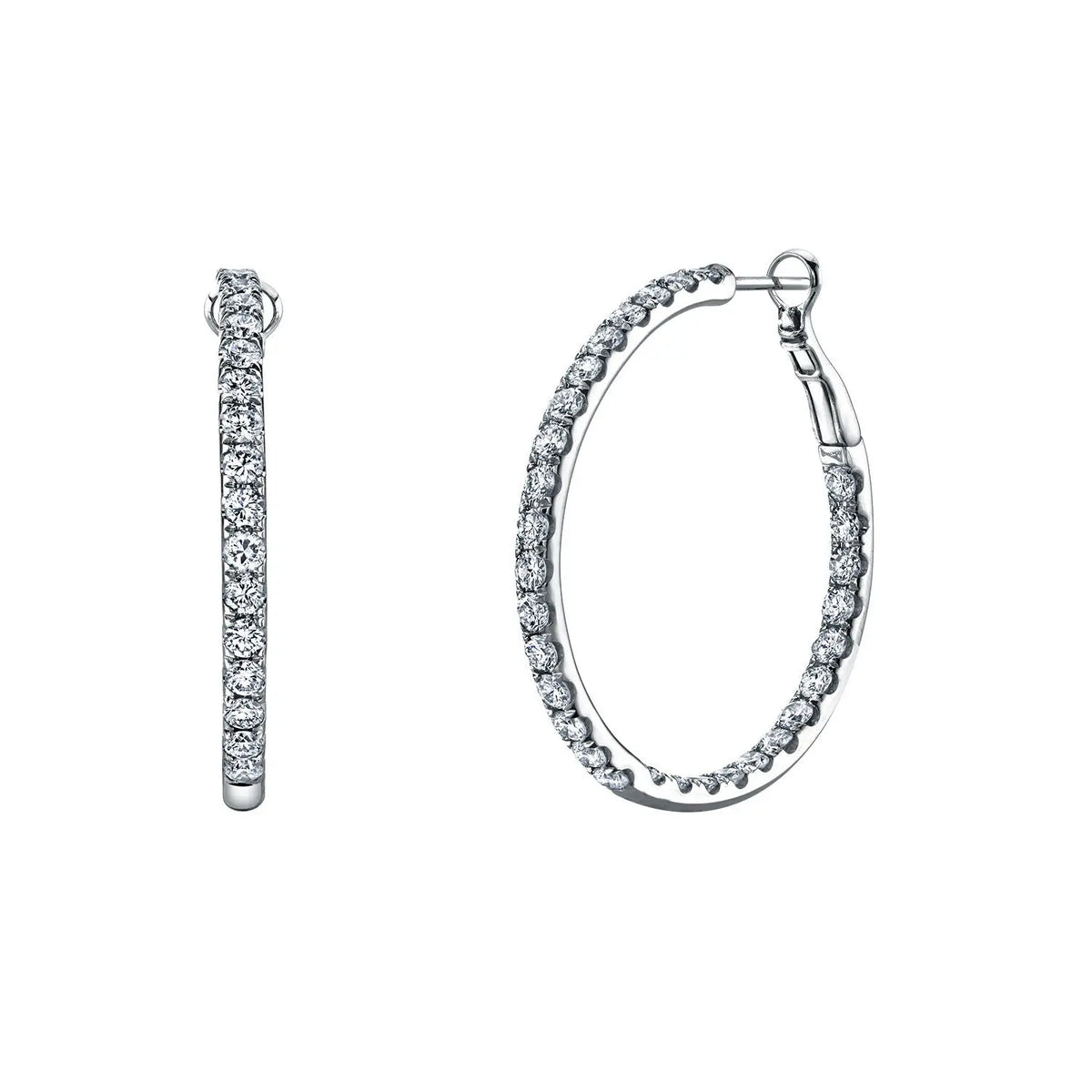 18K White Gold 1 1/2" Pave Diamond Hoops, 5.1ct G-H, SI1-SI2