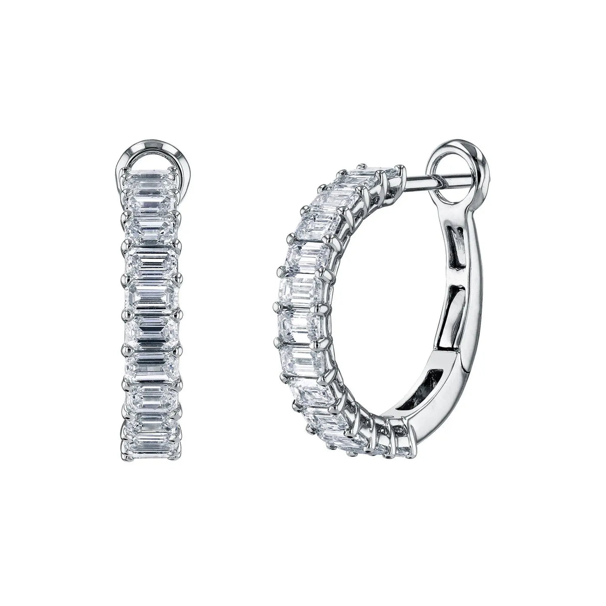 18K White Gold 3/4" Emerald-Cut Diamond Huggie Hoops, 3.6ct G-H, VS