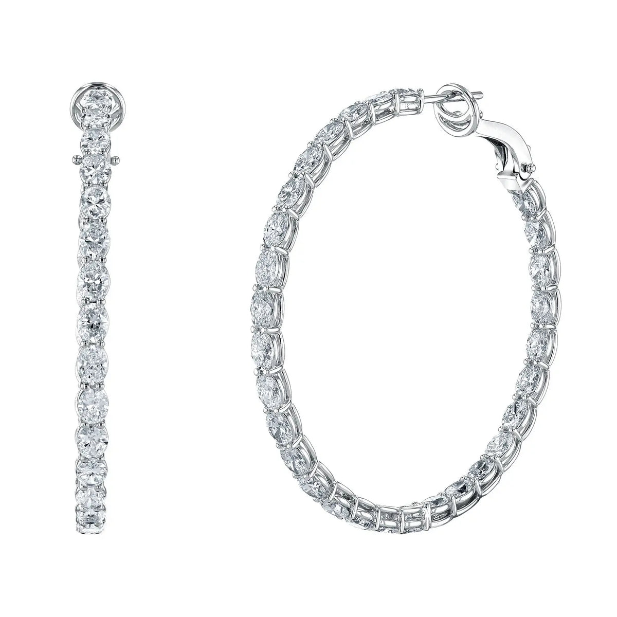 18K White Gold 1 1/2" North South Oval Diamond Hoops, 5.4ct G-H, VS