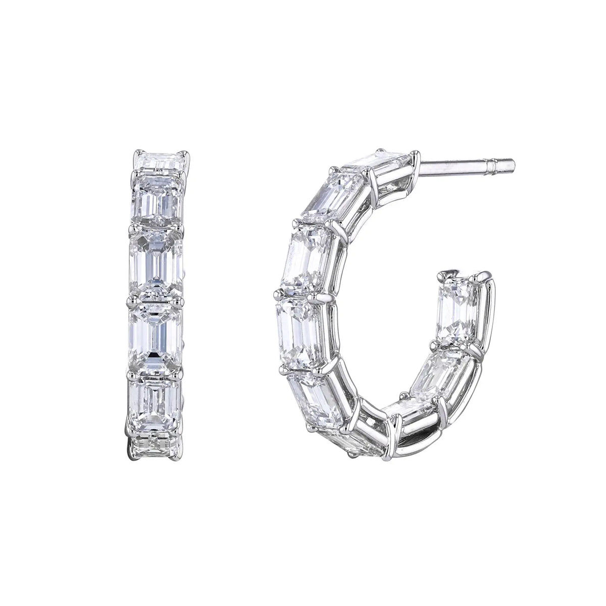 18K White Gold 3/4" North South Emerald-Cut Diamond Hoops, 2.6ct G-H, VS