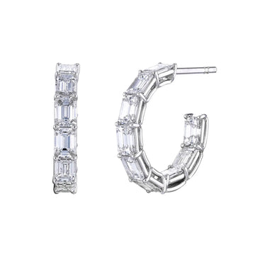 18K White Gold 3/4" North South Emerald-Cut Diamond Hoops, 2.6ct G-H, VS