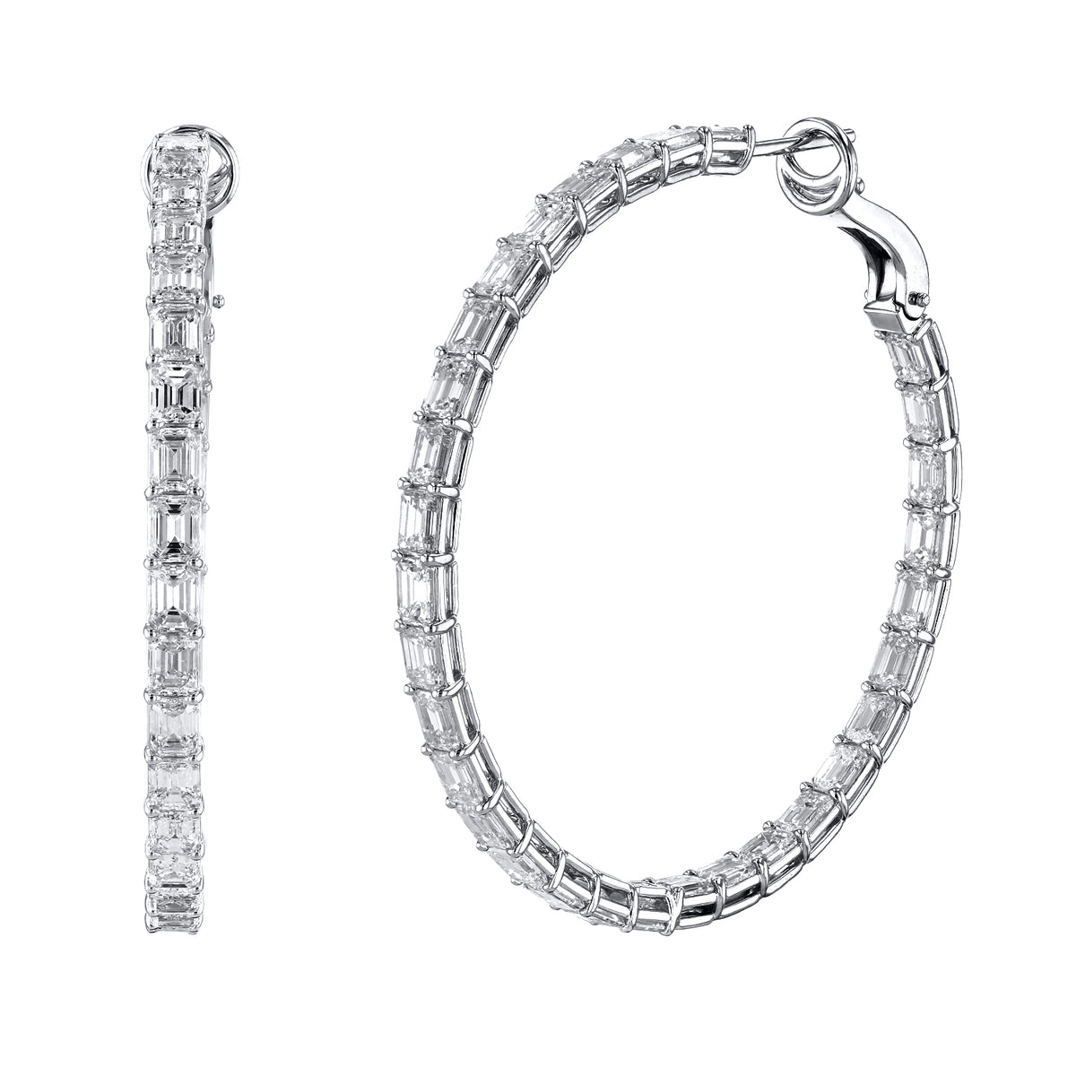 18K White Gold Emerald Cut Diamond Hoop Earrings - FH440A8