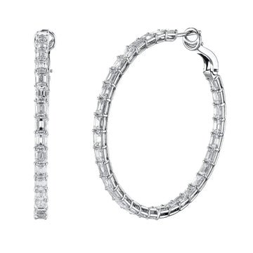 18K White Gold Emerald Cut Diamond Hoop Earrings - FH440A8