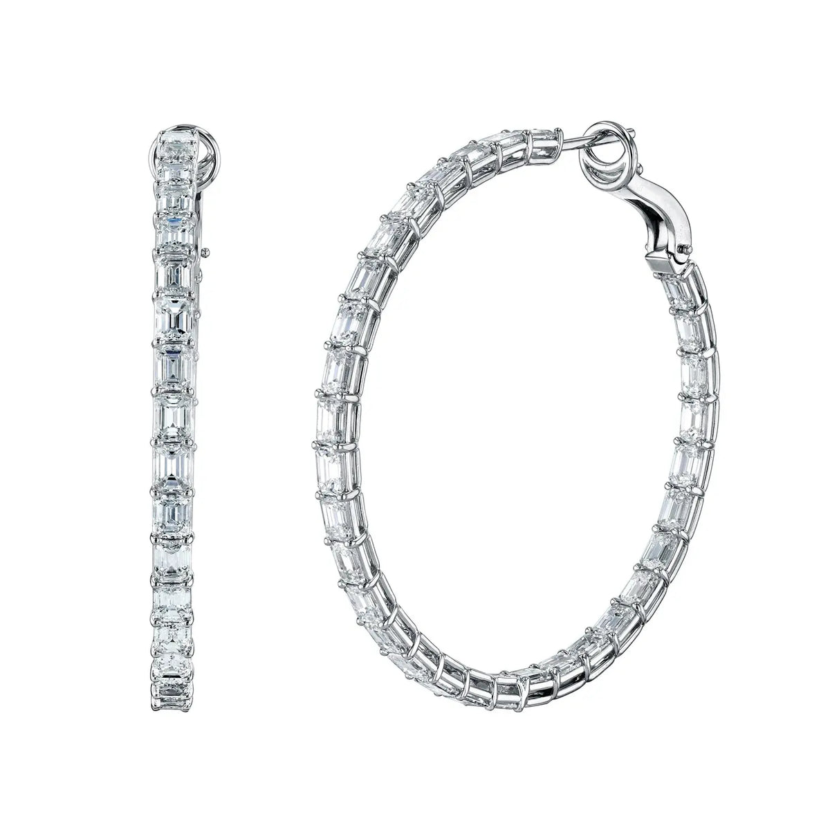 18K White Gold 2" North South Emerald-Cut Diamond Hoops, 13.2ct G-H, VS