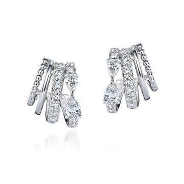 18K White Gold Pear and Round Diamond Layered Huggies with Beaded Detail, 1.08ct G-H, SI1-SI2