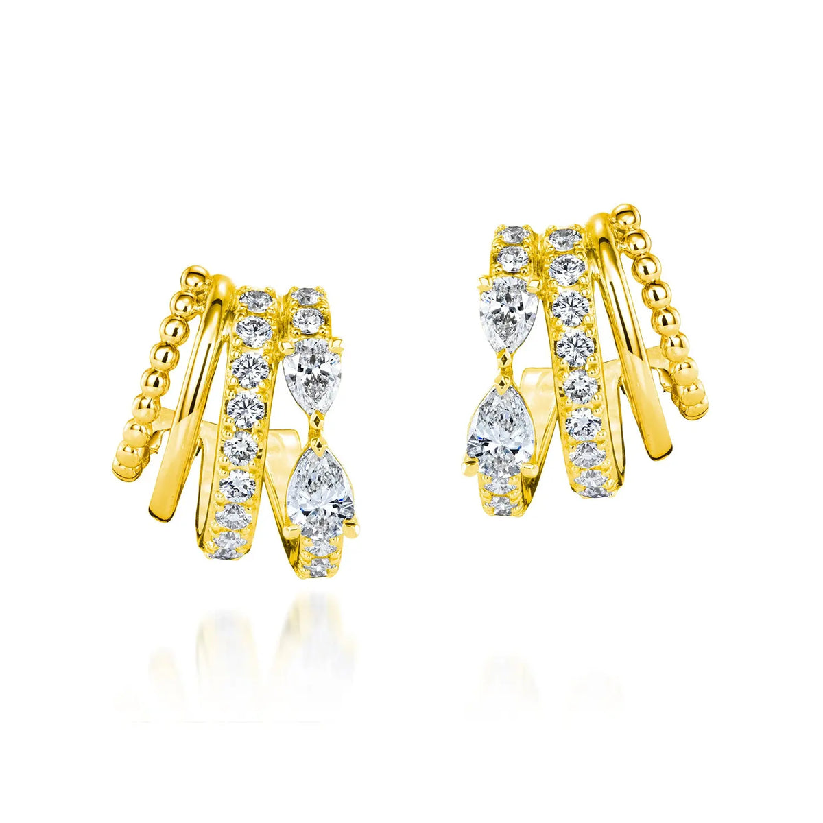 18K Yellow Gold Pear and Round Diamond Layered Huggies with Beaded Detail, 1.08ct G-H, SI1-SI2
