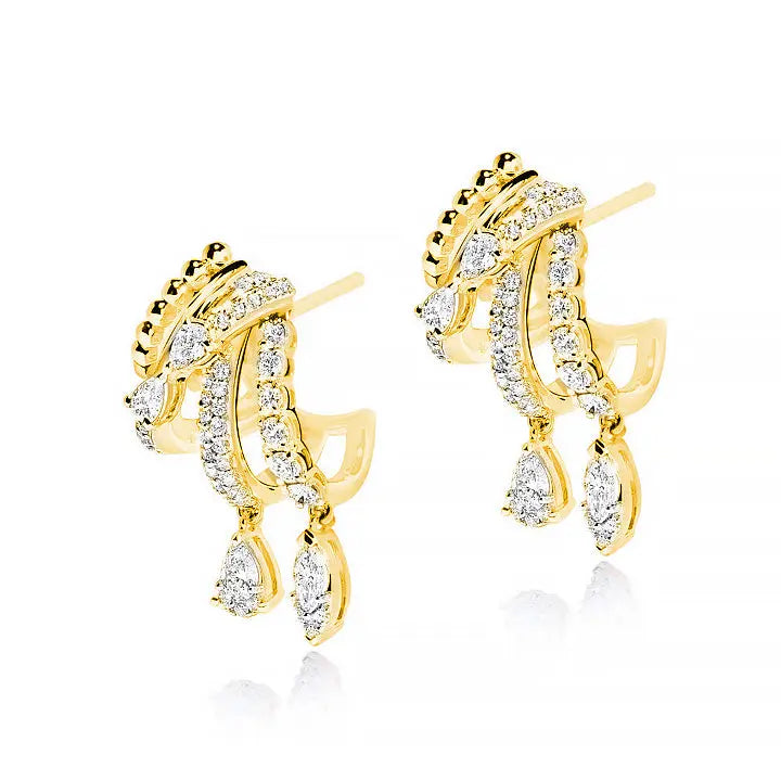 18K Yellow Gold Round, Marquise and Pear Diamond Crossover Drop Huggies with Beaded Detail, 1.4ct G-H, SI1-SI2