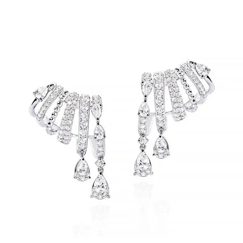 18K White Gold Pear and Round Diamond Tiered Drop Huggies with Beaded Detail, 2.11ct G-H, SI1-SI2