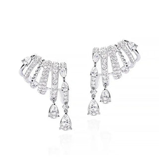 18K White Gold Pear and Round Diamond Tiered Drop Huggies with Beaded Detail, 2.11ct G-H, SI1-SI2 thumbnail