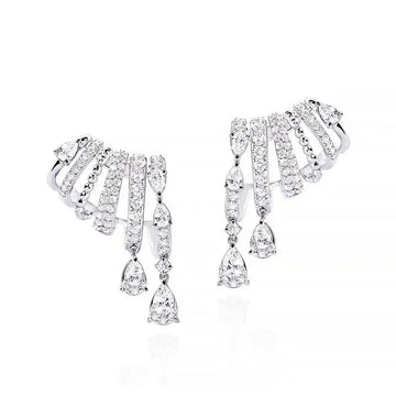 18K White Gold Pear and Round Diamond Tiered Drop Huggies with Beaded Detail, 2.11ct G-H, SI1-SI2