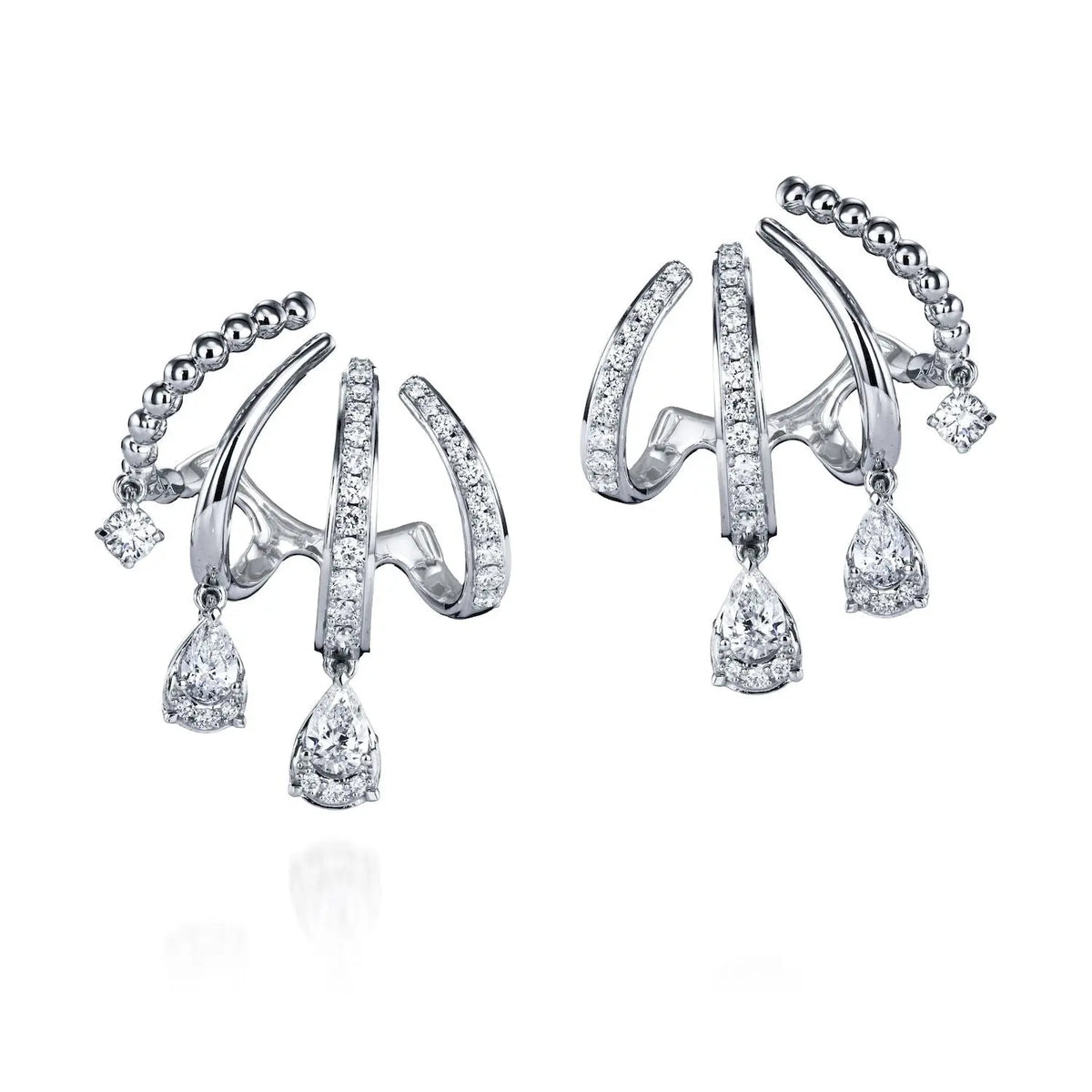 18K White Gold Pear and Round Diamond Layered Drop Huggies with Beaded Detail, 1.01ct G-H, SI1-SI2