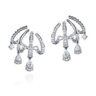 18K White Gold Pear and Round Diamond Layered Drop Huggies with Beaded Detail, 1.01ct G-H, SI1-SI2 thumbnail