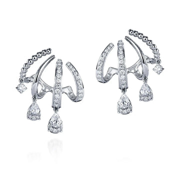 18K White Gold Pear and Round Diamond Layered Drop Huggies with Beaded Detail, 1.01ct G-H, SI1-SI2