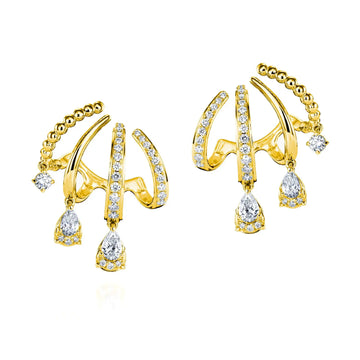 18K Yellow Gold Pear and Round Diamond Layered Drop Huggies with Beaded Detail, 1.01ct G-H, SI1-SI2