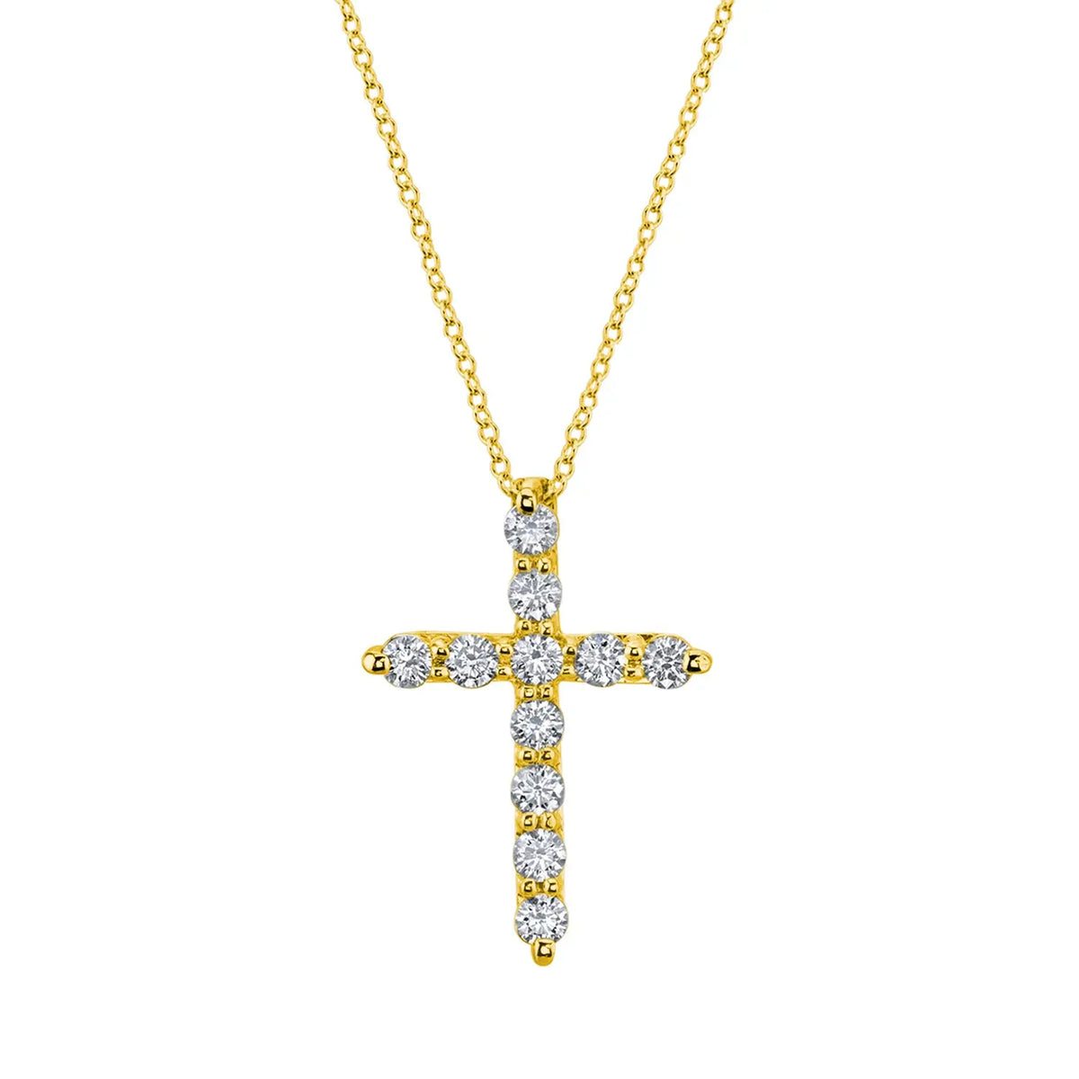 18K Yellow Gold 16" 11 Stone Round Diamond Cross, 0.25ct G-H, SI1-SI2