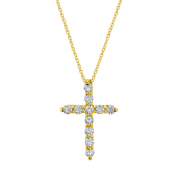 18K Yellow Gold 16" 11 Stone Round Diamond Cross, 0.25ct G-H, SI1-SI2