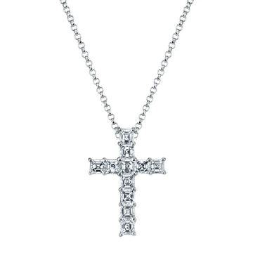 18K White Gold 16" 11 Stone Asscher-Cut Diamond Cross, 2ct G-H, VS
