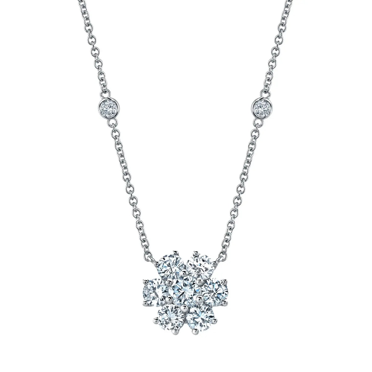 18K White Gold 16" Round Diamond Flower Pendant, 0.6ct G-H, SI1-SI2
