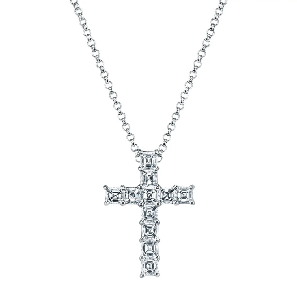18K White Gold 16" 11 Stone Asscher-Cut Diamond Cross, 2.75ct G-H, VS