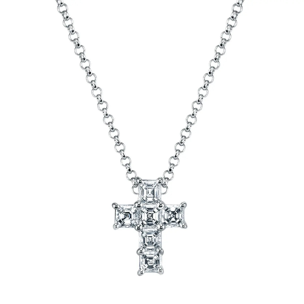 18K White Gold 16" Six Stone Asscher-Cut Diamond Cross, 1.8ct G-H, VS