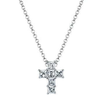 18K White Gold 16" Six Stone Asscher-Cut Diamond Cross, 1.8ct G-H, VS