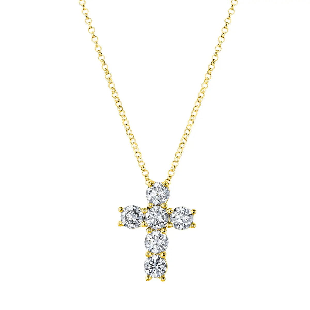 18K Yellow Gold 16" Six Stone Round Diamond Cross, 1.2ct G-H, SI1-SI2