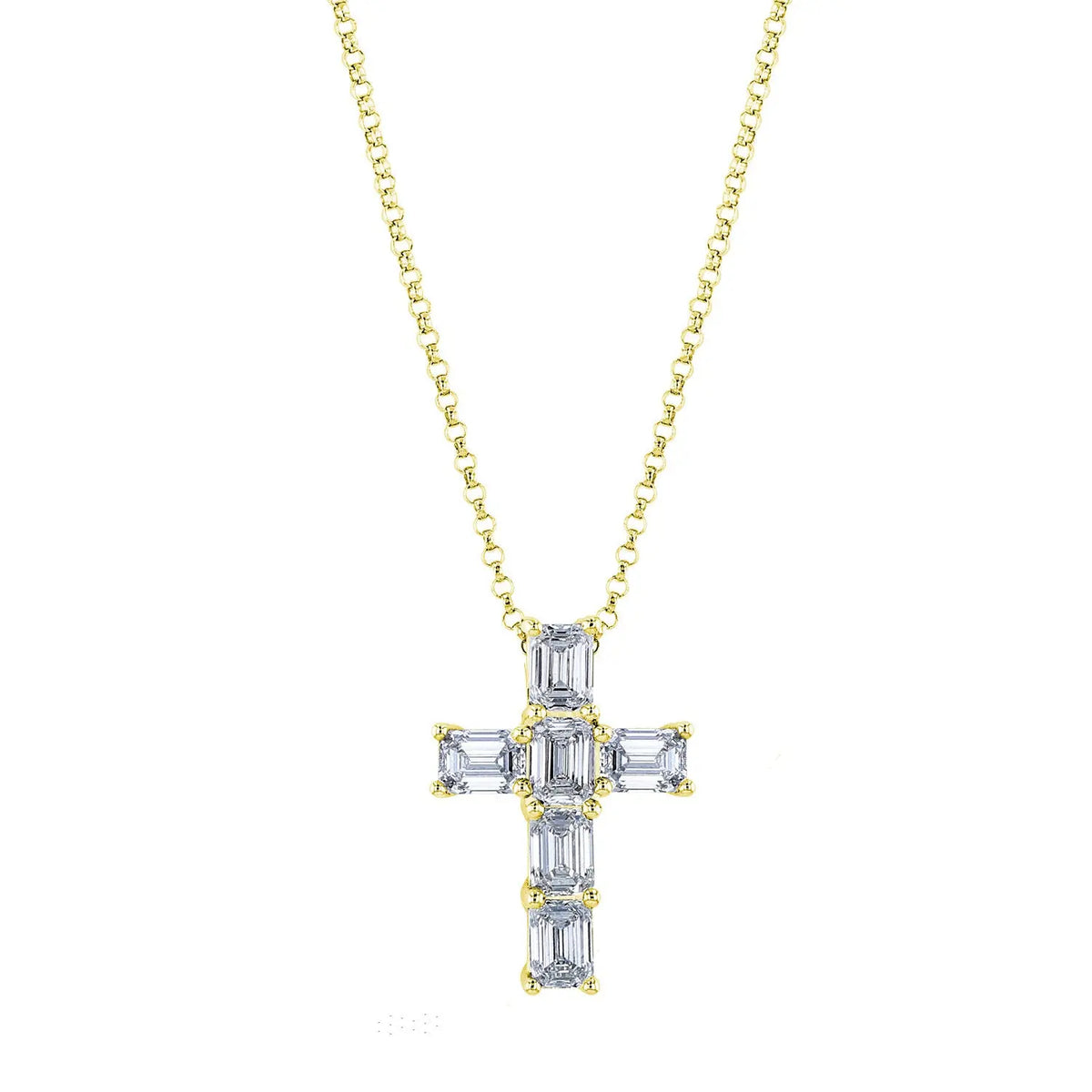18K Yellow Gold 16" Six Stone Emerald-Cut Diamond Cross, 1.2ct G-H, VS