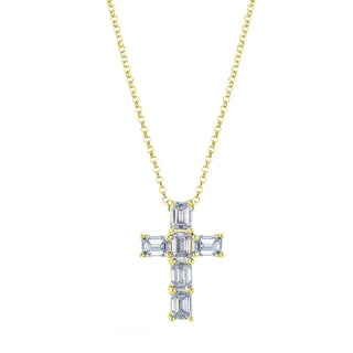 18K Yellow Gold 16" Six Stone Emerald-Cut Diamond Cross, 1.2ct G-H, VS thumbnail