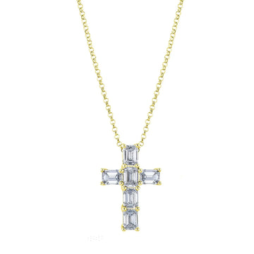 18K Yellow Gold 16" Six Stone Emerald-Cut Diamond Cross, 1.2ct G-H, VS