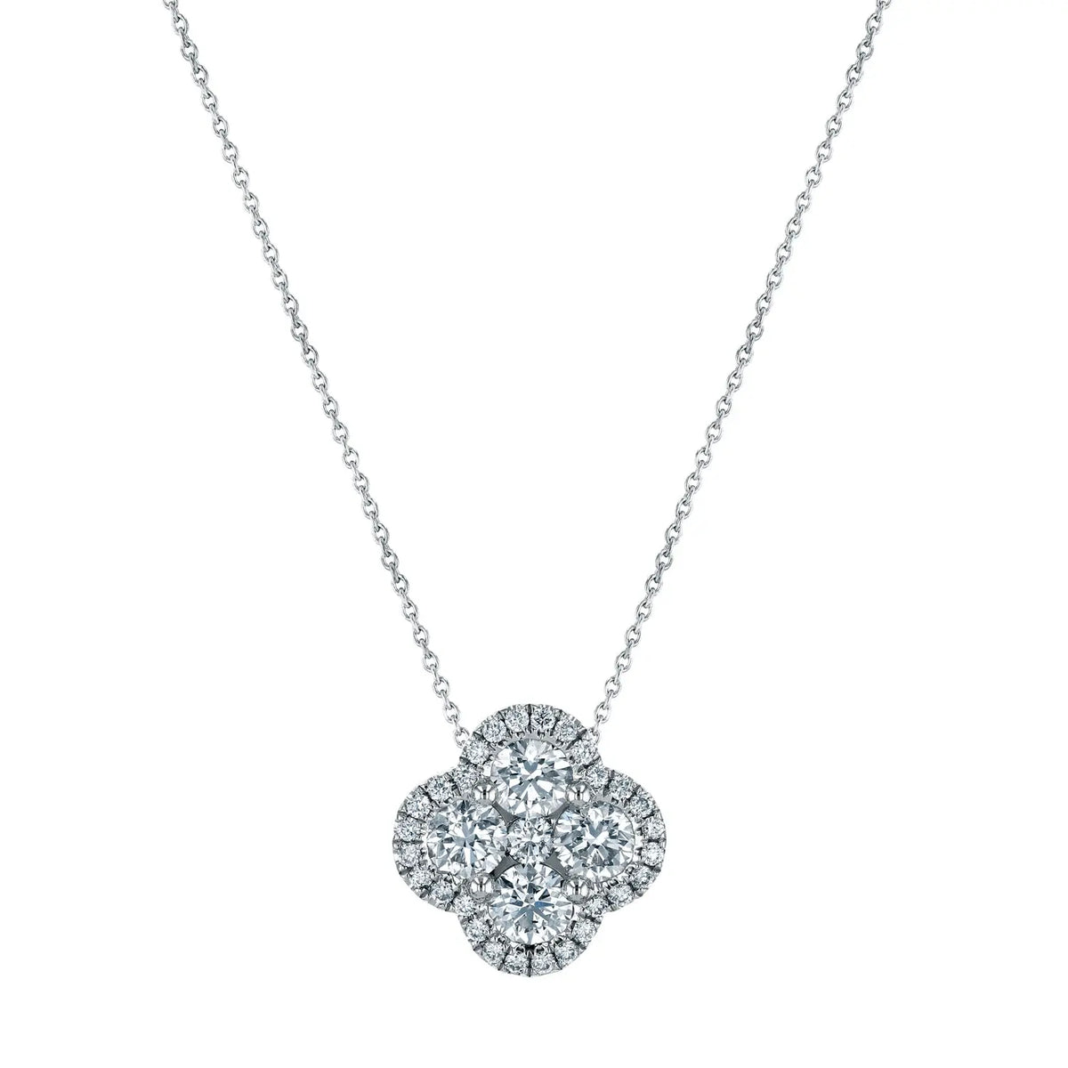 18K White Gold 16" Round Diamond Clover-Shaped Halo Pendant, 0.5ct G-H, SI1-SI2