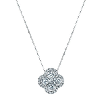 18K White Gold 16" Round Diamond Clover-Shaped Halo Pendant, 0.5ct G-H, SI1-SI2