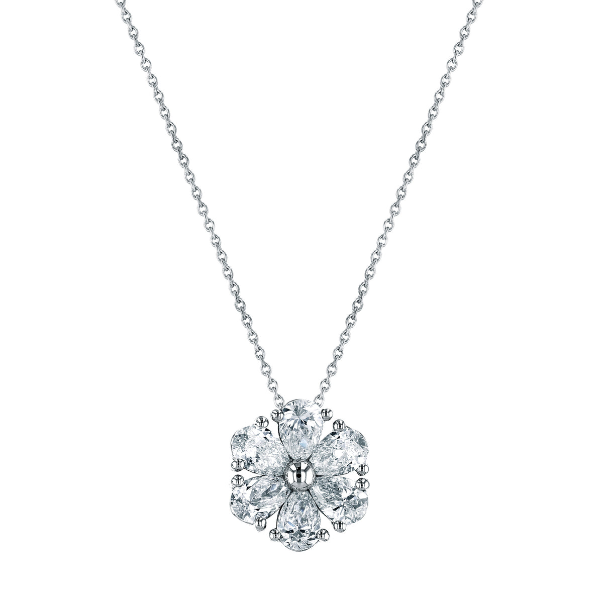 18K White Gold 16" Pear-Shaped Diamond Flower Pendant, 1.2ct G-H, SI1-SI2