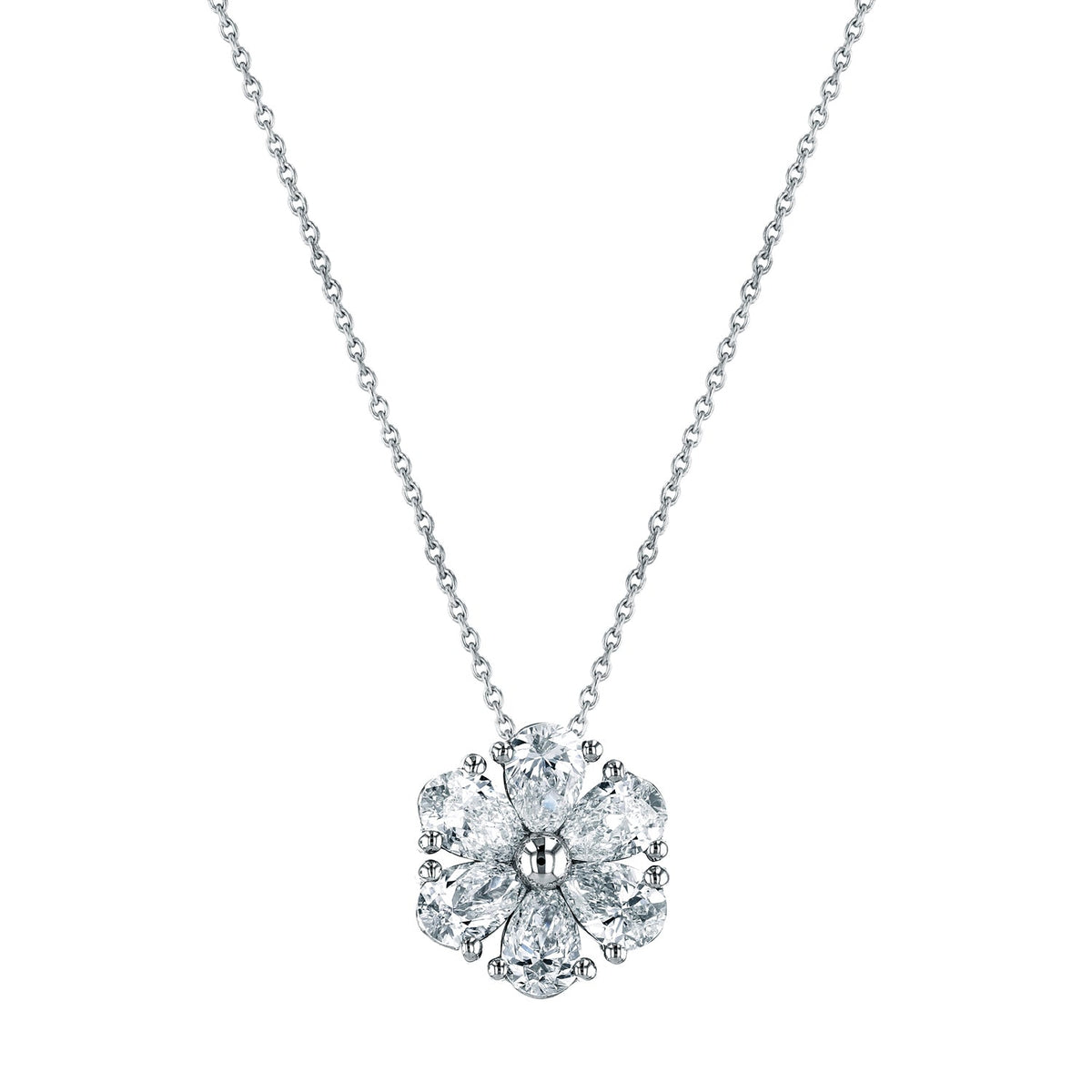 18K White Gold 16" Pear-Shaped Diamond Flower Pendant, 3ct G-H, VS