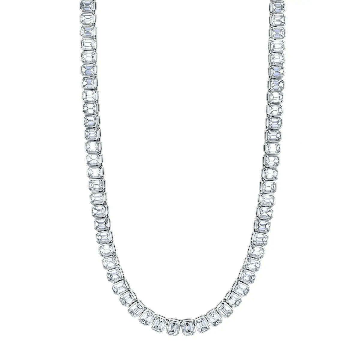 18K White Gold 16" North South Emerald-Cut Diamond Bezel-Set Tennis Necklace, 16.65ct G-H, VS