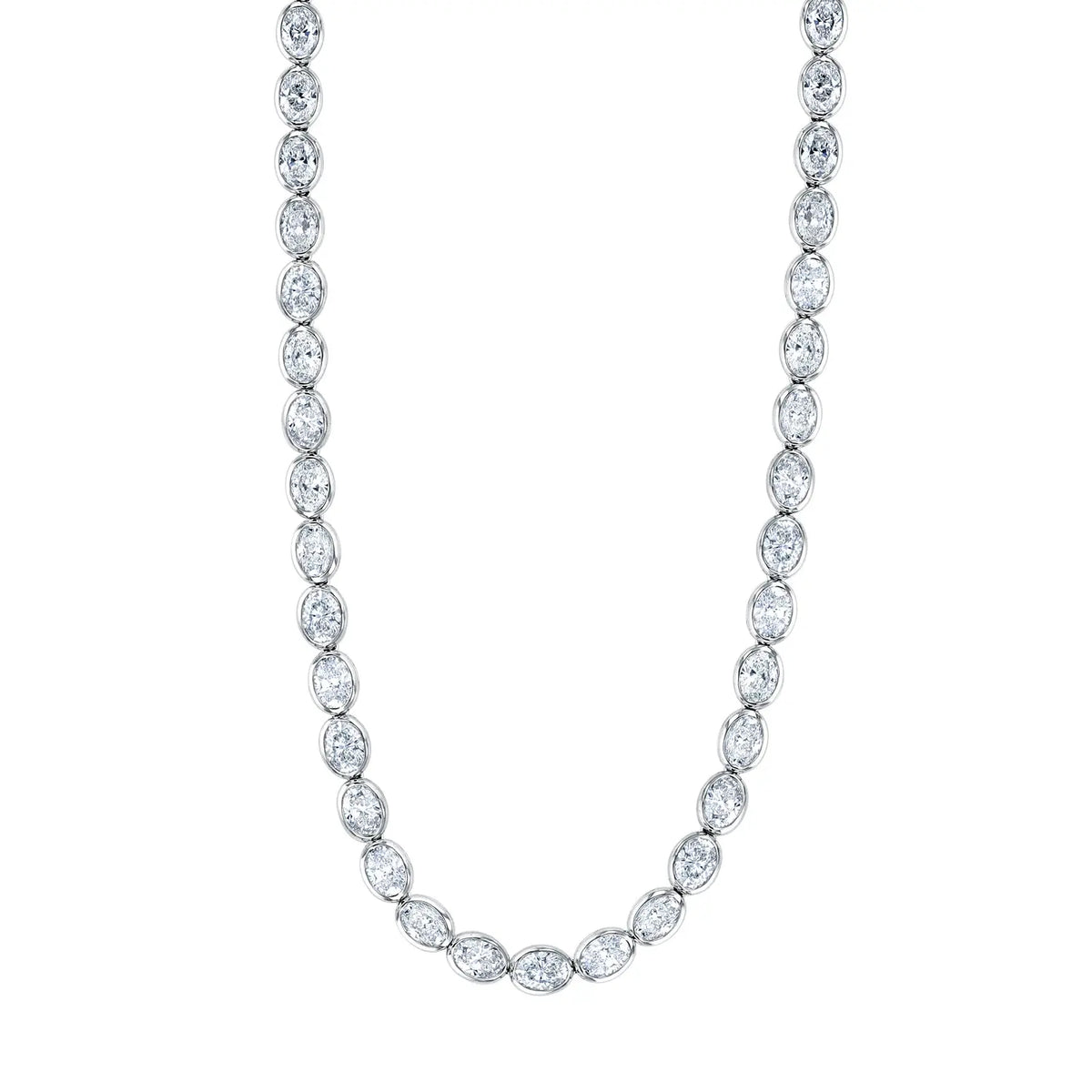 18K White Gold 16" East West Oval-Cut Diamond Bezel-Set Tennis Necklace, 12.3ct G-H, SI1-SI2