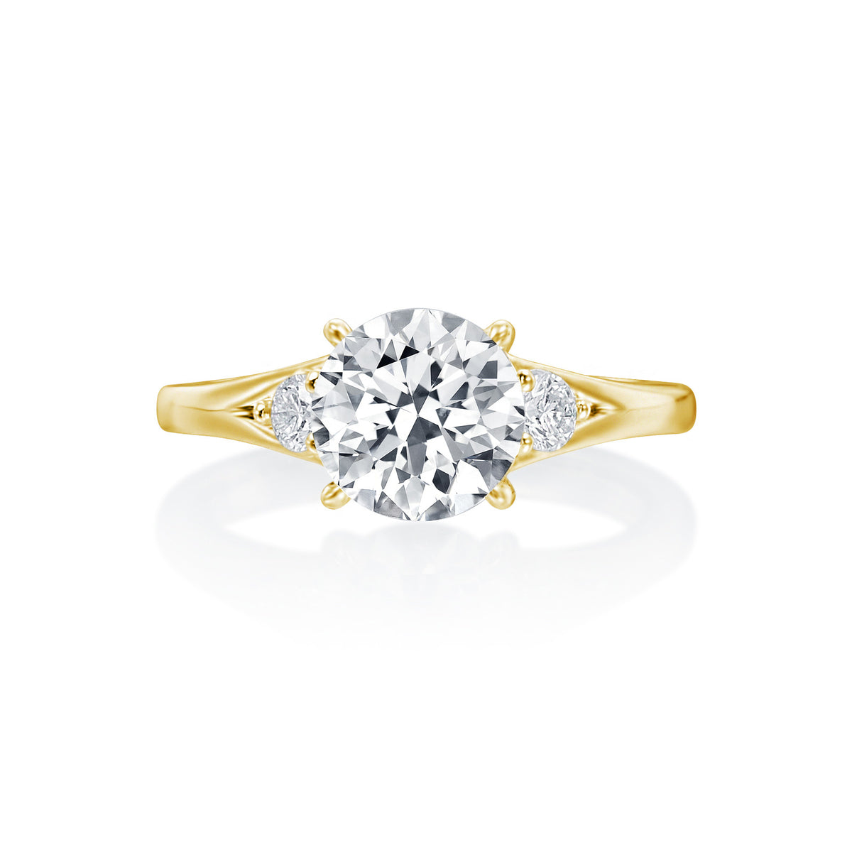 Gold Coast 3 Stone Round Center Split Shank Round Sides Wedding Ring