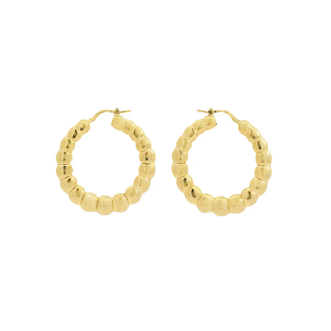 18K Yellow Gold Beaded Round Hoop Earrings